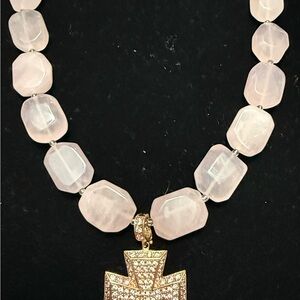 Genuine Elegant Rose Quartz Stone Necklace with Gold and Rhinestone Pendant